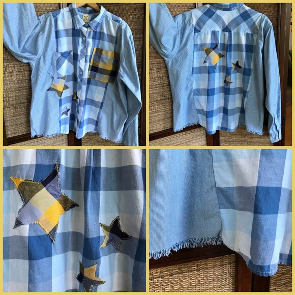 Mixed Plaid Button-Down Shirt, M-XL: Upcycled Oversized Boho Top, Stars & Fringe - Picture 10 of 10